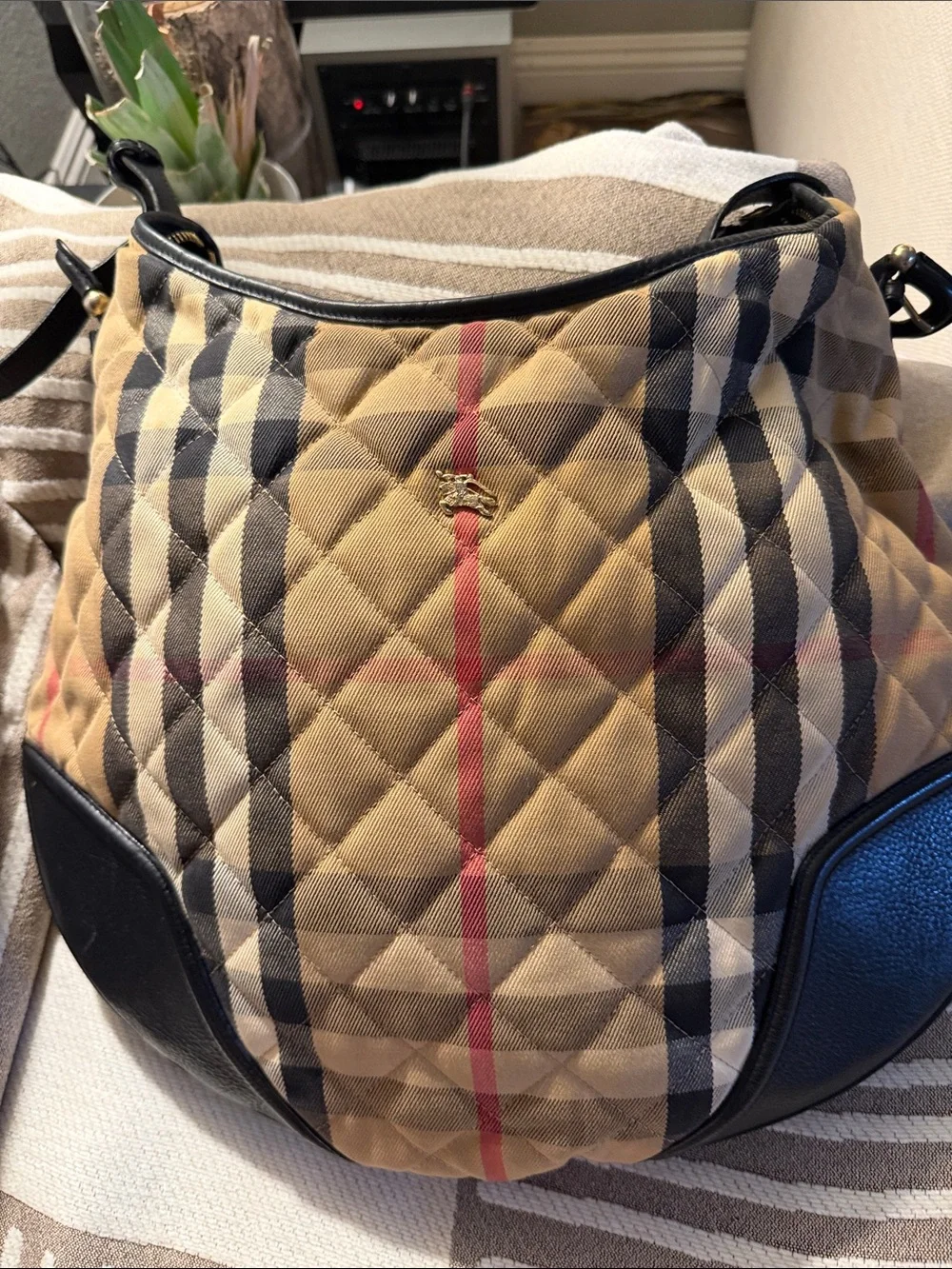 Burberry Quilted Check Hobo in Beige, Black and Red Accent
